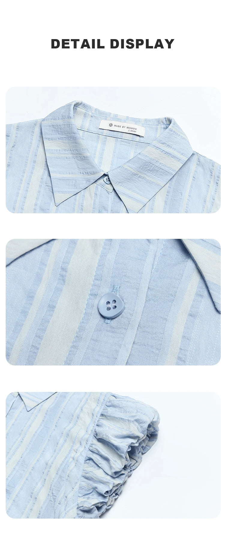 MISHOW Blue Striped Short Sleeve Shirt for Women Summer 2025 Bubble Flower Bud Sleeves Lapel Neck Shirt with Tube Top MXD24C0204