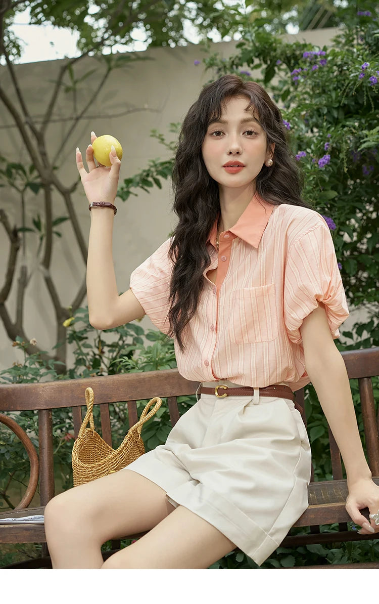 MISHOW Women's Hong Kong Retro Pink Striped Shirt 2024 Summer Short Sleeve Bubble Sleeve Single Breasted Lapel Top MXD28C0250