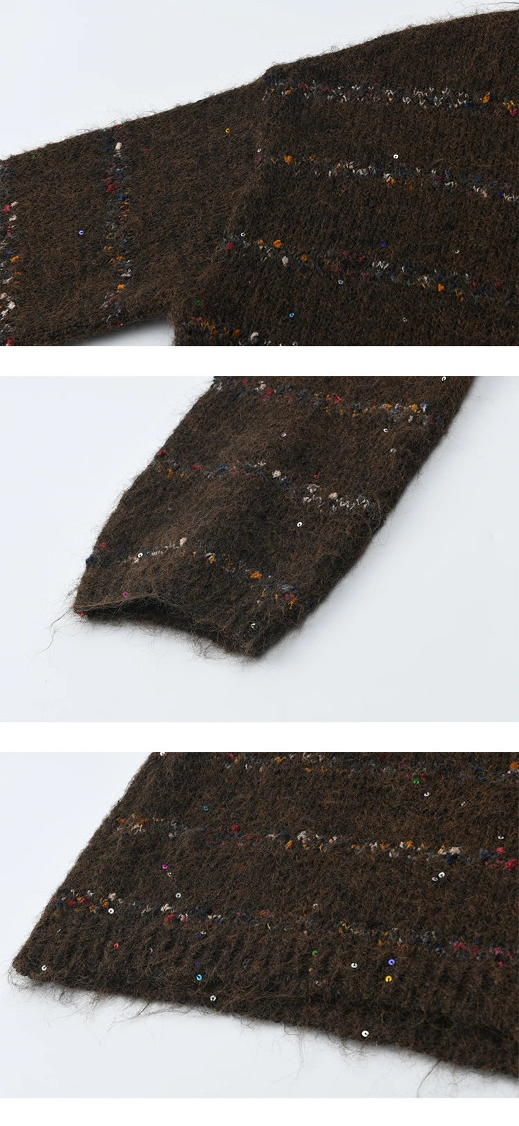 MISHOW Brown Chrysanthemum Yarn Sweaters Women Beltless 2025 Autumn Wool Blend Loose Round Neck Retro Knitted Tops MXE47Z2574