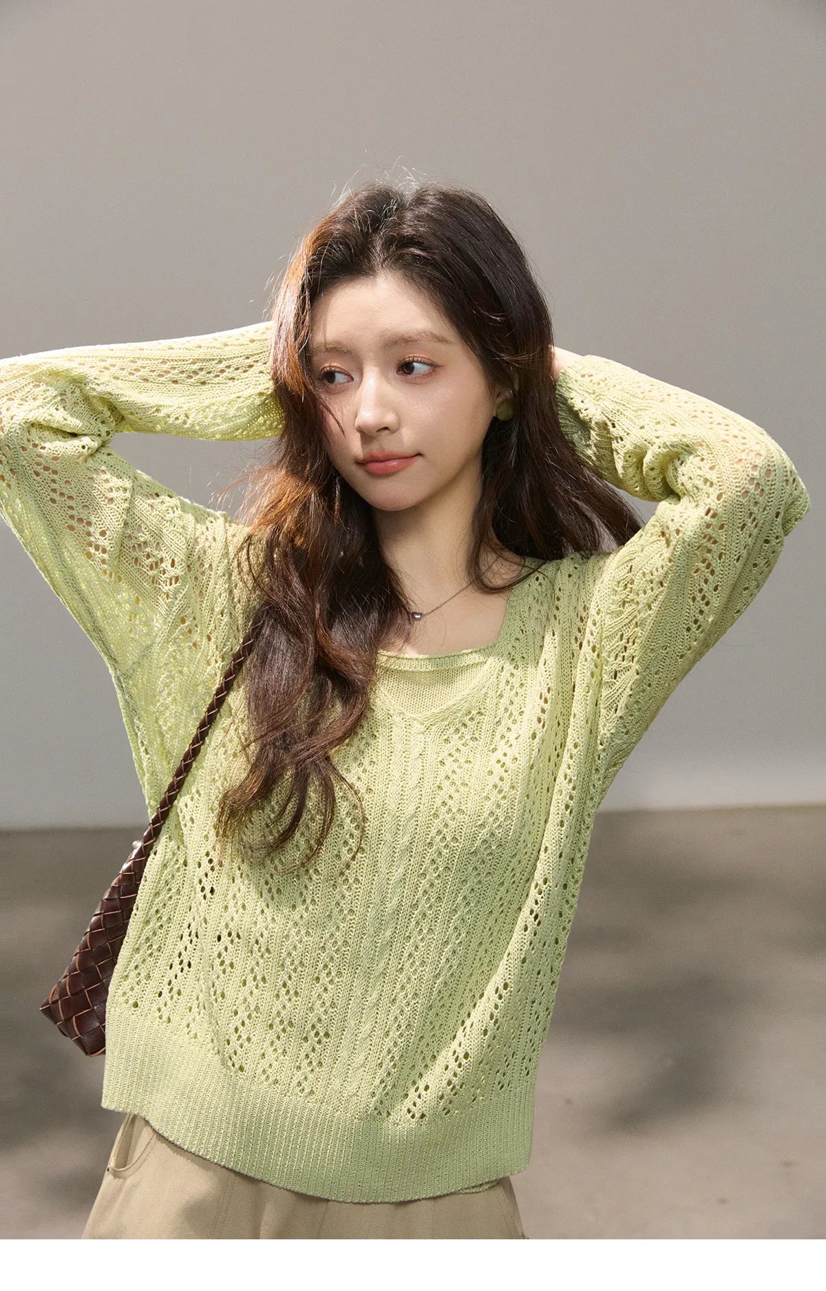 MISHOW Women's Hollow Out Cable Knit Tops with Camisole Two Piece Set Spring Loose Casual Breathable Green Sweater MXF16T1524