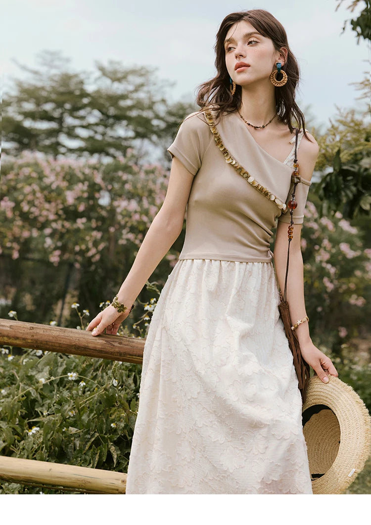 MISHOW Holiday Summer Dresses Women New 2025 Short Sleeve Off-shoulder Knitted Patchwork Midi Dress Female Slimming MXE33L2207