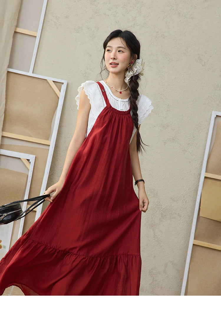 MISHOW Red Linen Strap Midi Dress Summer Sleeveless Casual Vacation Dress Hanging Neck Loose A-LINE Dress (Not A Set) MXE36L2309