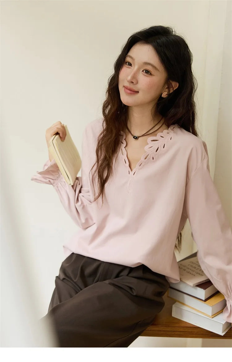 MISHOW Women's Elegant Blouse 2025 Autumn French Style Hollow Out V Neck Pink Blouse Loose Commute Long Sleeves Top MXE48X2502