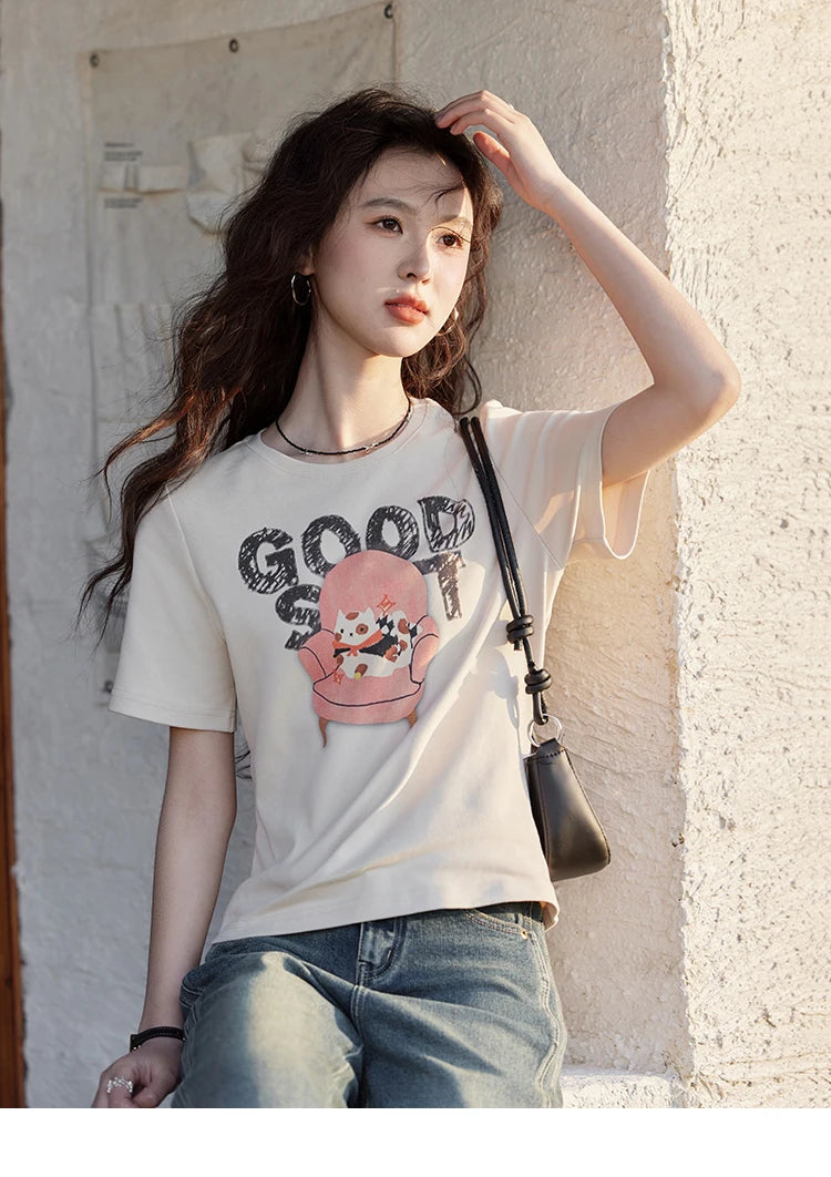 MISHOW Printed Cotton T-shirts for Women Spring 2025 Loose Slim Short Round Neck Tees Versatile Soft Casual Tops MXE13T0461