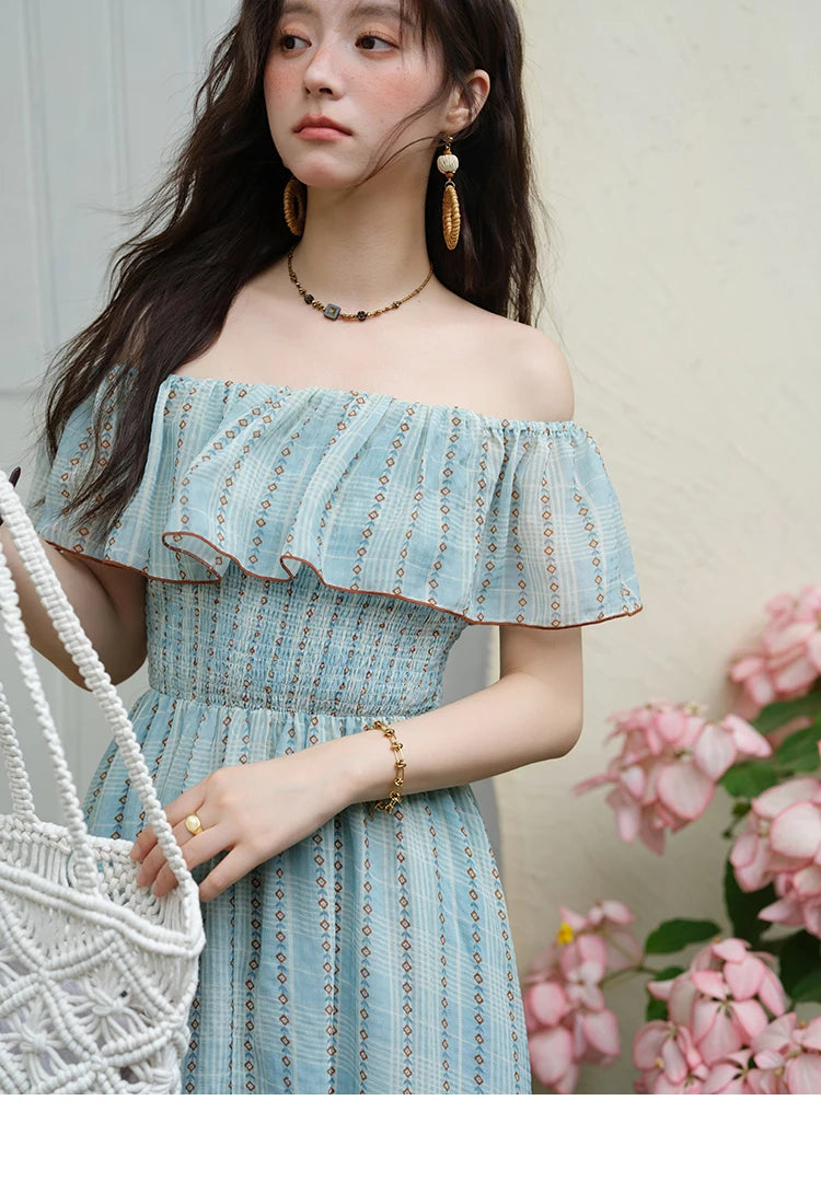 MISHOW Women's Fashion Slash Neck Chiffon Dress 2025 Ladies Elegant Vacation Striped French Dresses Female Clothing MXE39L2380