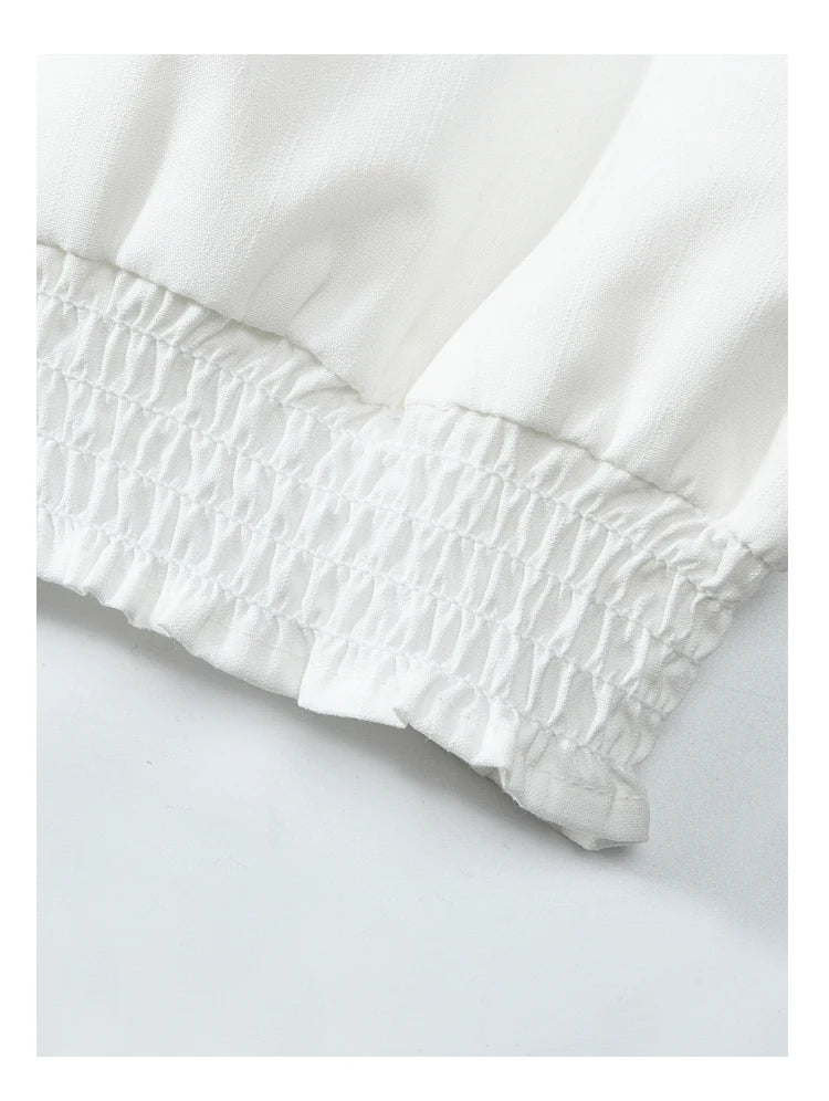 MISHOW Korean Doll Neck Shirt 2024 Spring Lace Patchwork Bubble Sleeve Elastic Hem Double Breasted Solid Short Tops MXD12C0164