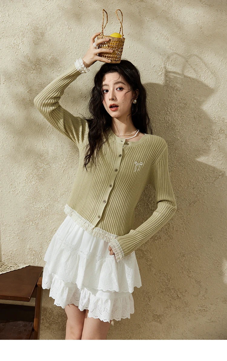 MISHOW Macaron Knitted Tops 2025 Spring Hollow Hook Flower Lace Splicing Tops Bow Embroidery O-neck Long Sleeve Tees MXE16Z1211