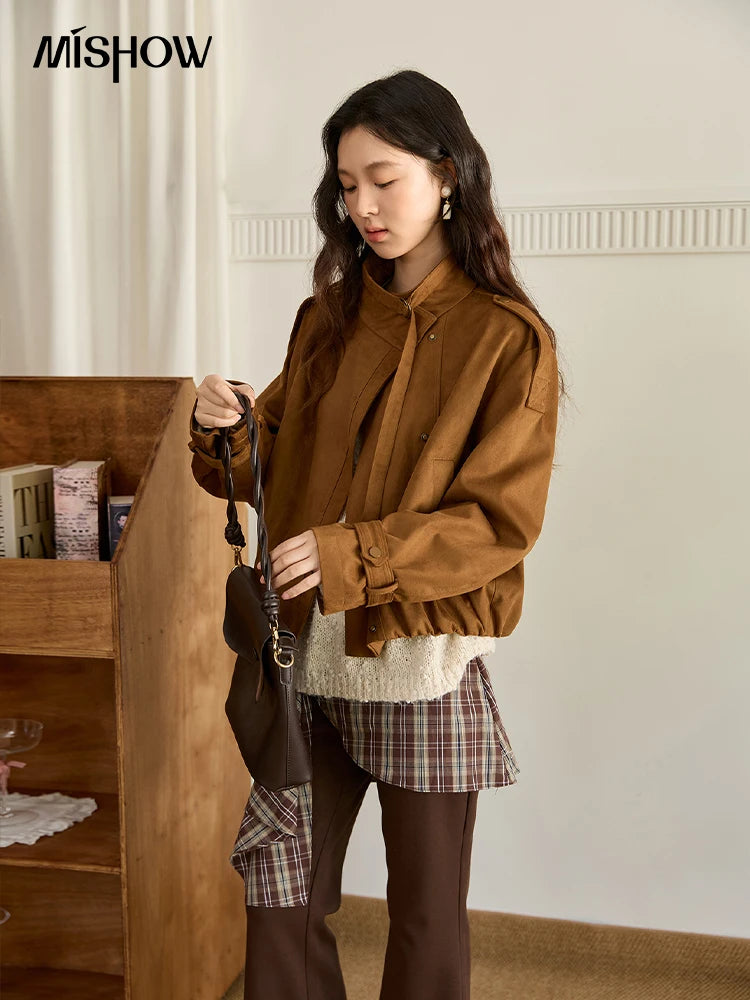 MISHOW Vintage Suede Short Jacket Brown Lapel Zipper MXE45W0869