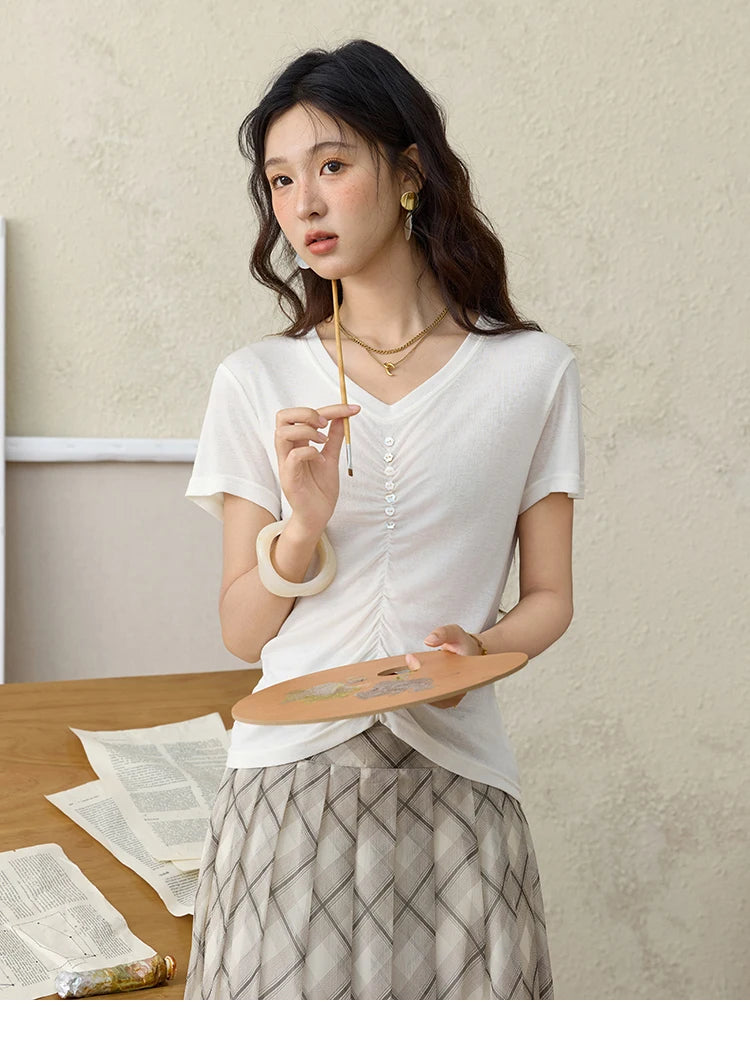 MISHOW V-neck Short Sleeve T-shirt Summer 2025 Mid Front Elastic Fold Single Row Shell Button Tees Casual Slim Tops MXE34T0560