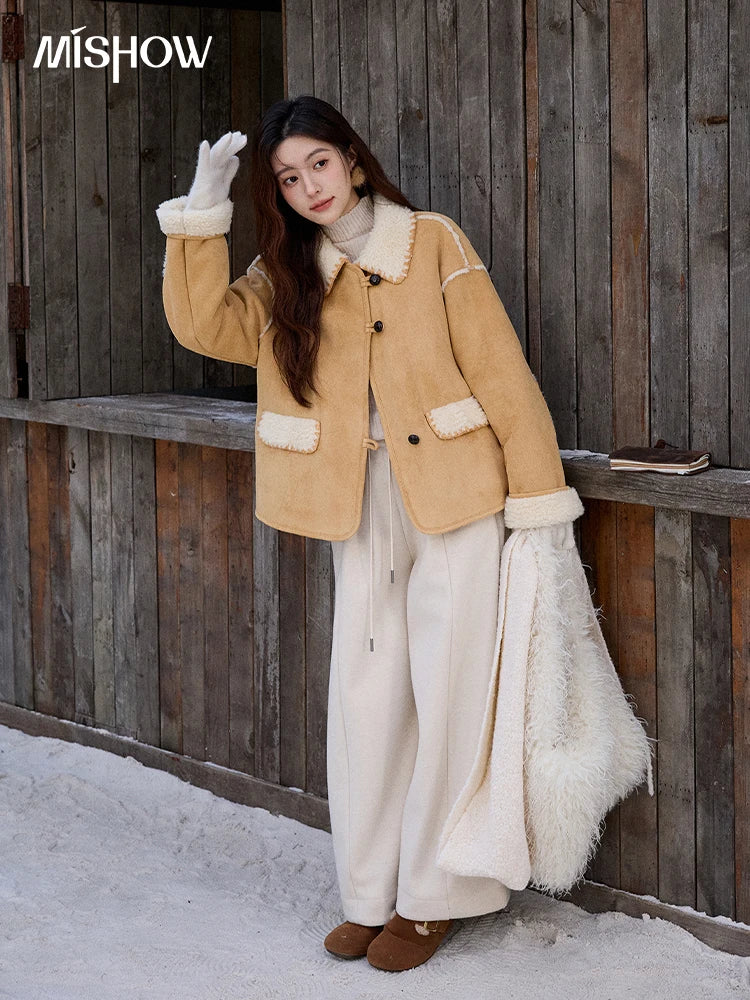 MISHOW Yellow Thickened Fur Integrated Suede Jacket for Women Winter 2025 Lapel Loose Warm Imitation Lamb Fur Jacket MXE92W1016