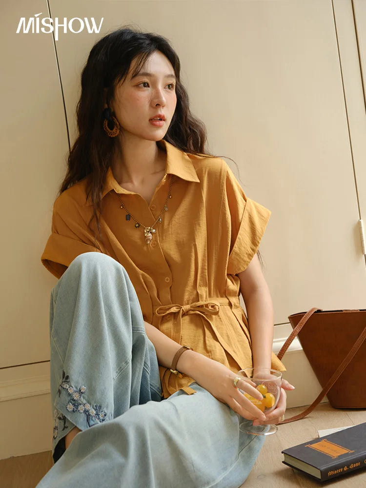 MISHOW Women's Casual Shirt 2025 Summer New Lace Up Button Turn-Down Collar Top Retro Orange Shirt Women's Clothing MXE37C0809