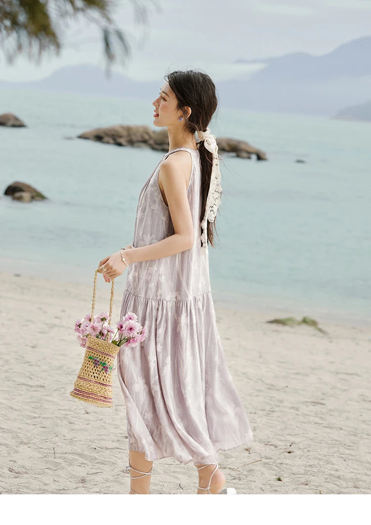 MISHOW Purple Print Chiffon Holiday Dress Women 2025 Summer Sleeveless Stand Collar Slim Dresses Woman New Fashion MXE32L2163