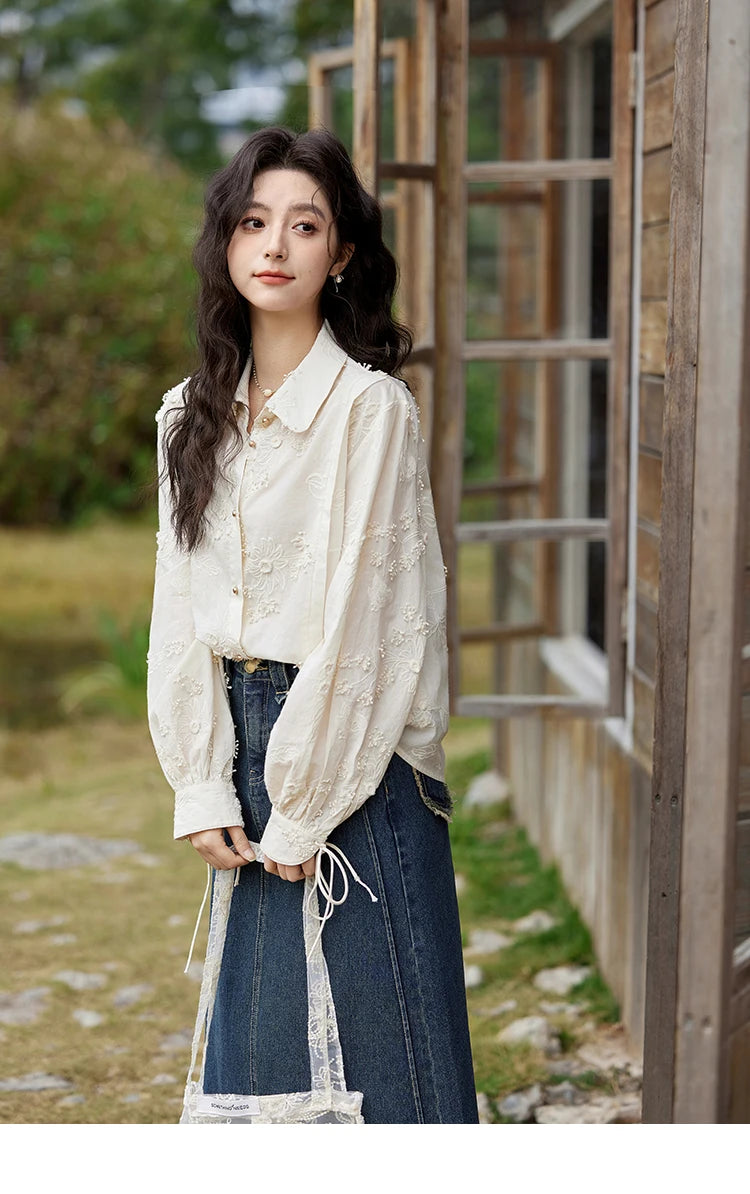 MISHOW 100Cotton Embroidered Jacquard Shirt for Women Spring 2025 Long Sleeved Loose Top Lapel Single Breasted Shirts MXE12C0391