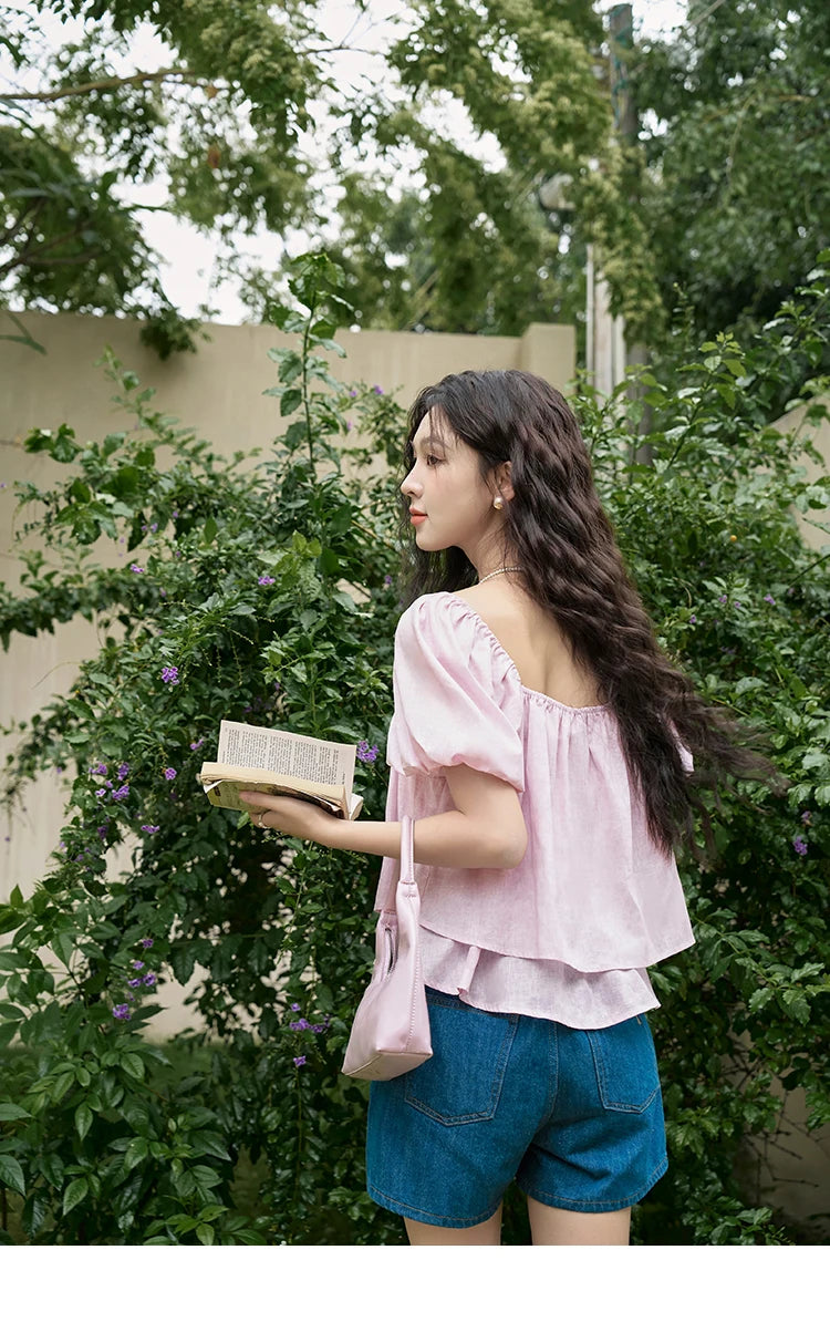 MISHOW French Square Neck Tied Lantern Sleeve Blouses 2025 Summer Double Layered Hem Puff Sleeve Solid Sweet Tops MXD26X1551