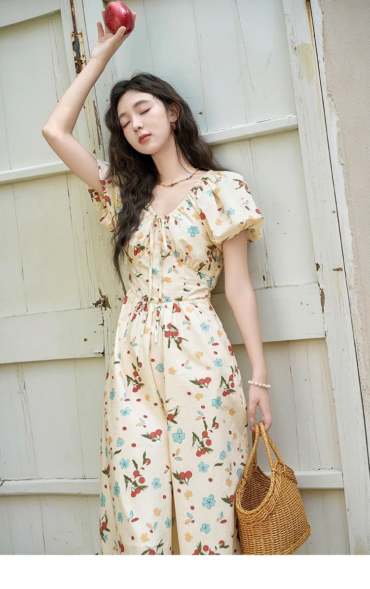 MISHOW French 100 Cotton Floral V-neck Dress Women 2025 Summer Bubble Sleeve Drawstring Lace-up Temperament Dresses MXD30L1868