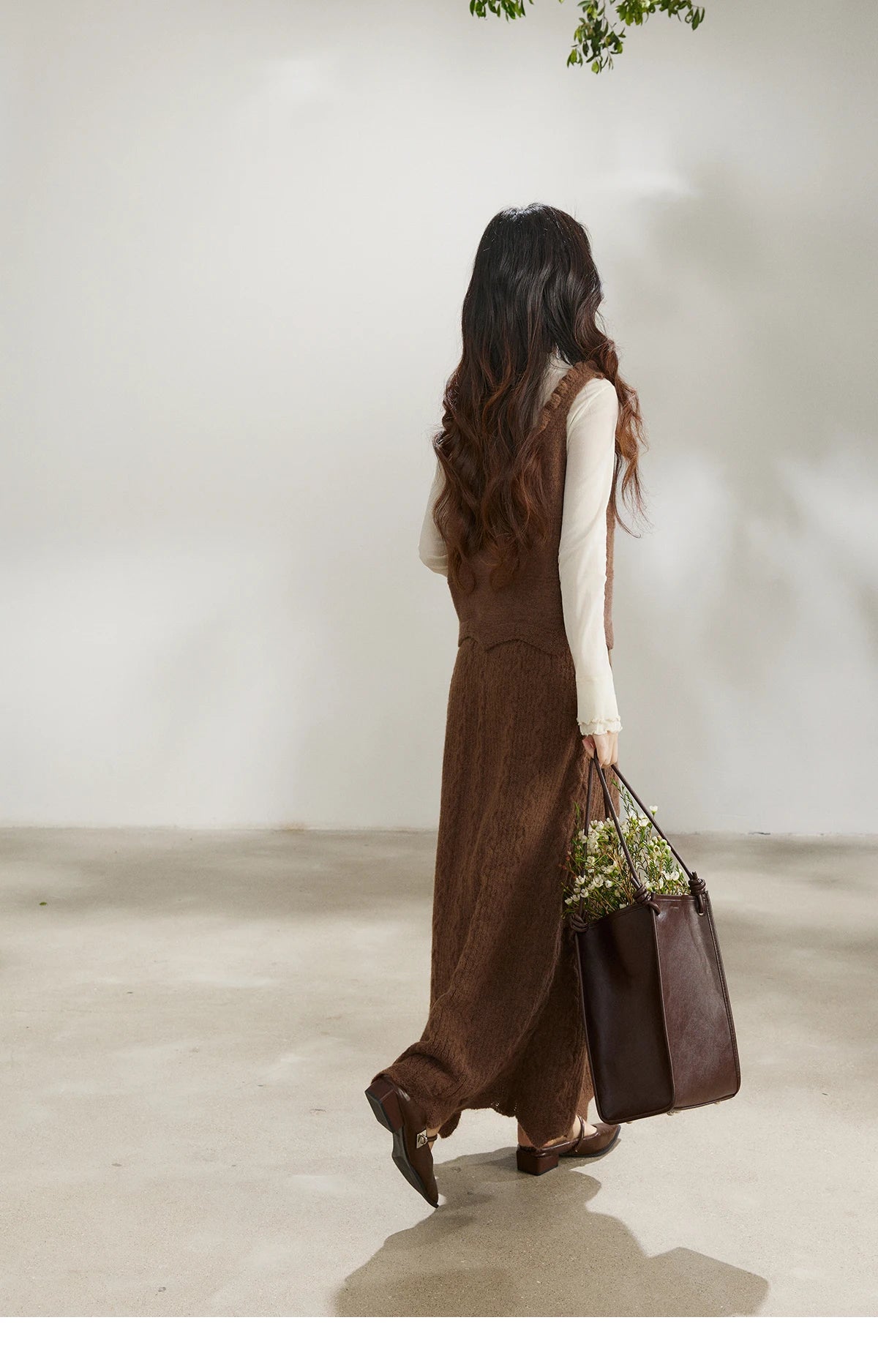 MISHOW Women's Brown Two-Piece Set 2026 Spring Knitted Vest V-Neck Cable Knit Maxi Skirt Casual Retro Warm Outfit MXF11T1460