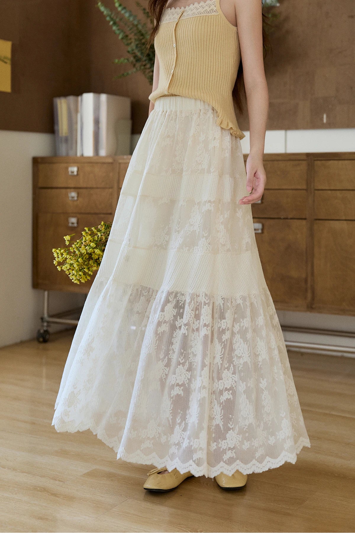 MISHOW Women's Cream Lace Maxi Skirt 2026 Spring Summer Floral Embroidery Tiered Ruffled High Waist Casual Long Skirt MXF11B2462