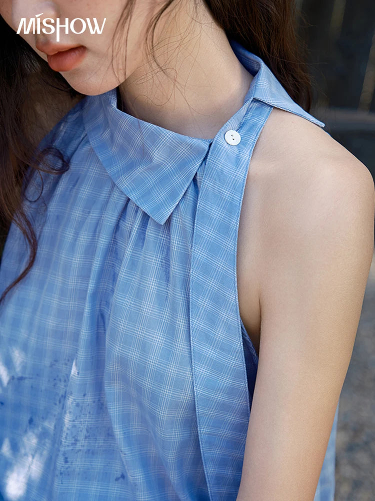 MISHOW Women's 2 Piece Set 2025 Summer Female Vacation Fashion Plaid Hanging Neck Button Top A-line Half Skirt Set MXE39T0711