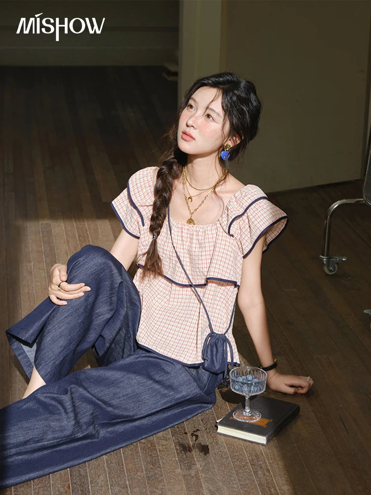 MISHOW Two-Piece Ladies Set Square Neck Ruffles Plaid Blouse High Waist Slim Wide Leg Casual Pants Set 2025 Summer MXE36T0636