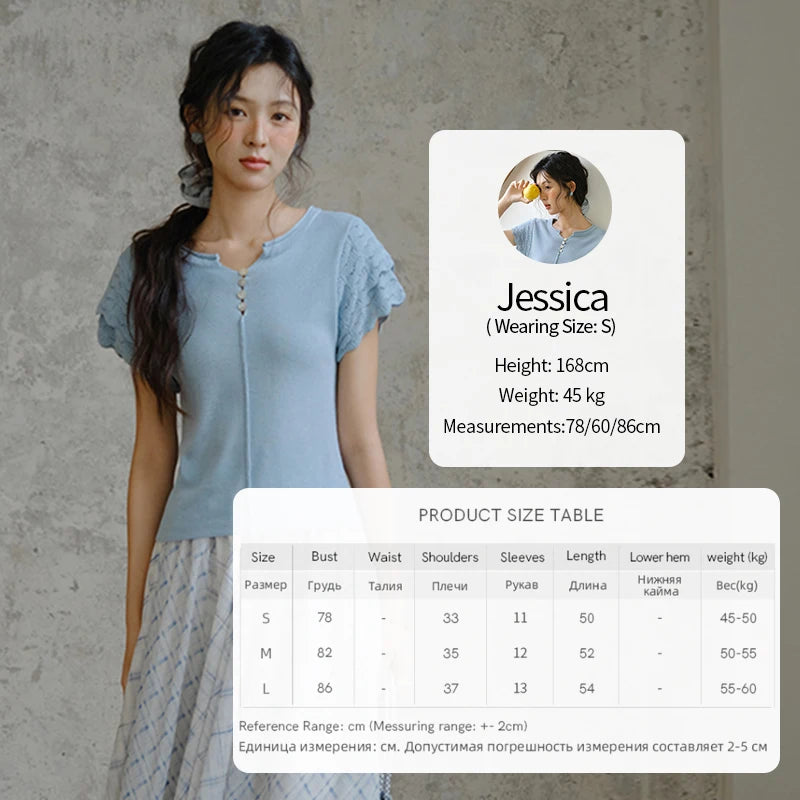 MISHOW Sheep Wool Knitted T-shirt for Women 2025 Summer New Button O-Neck Short Sleeve Blue Top Female Clothing MXE34Z1262