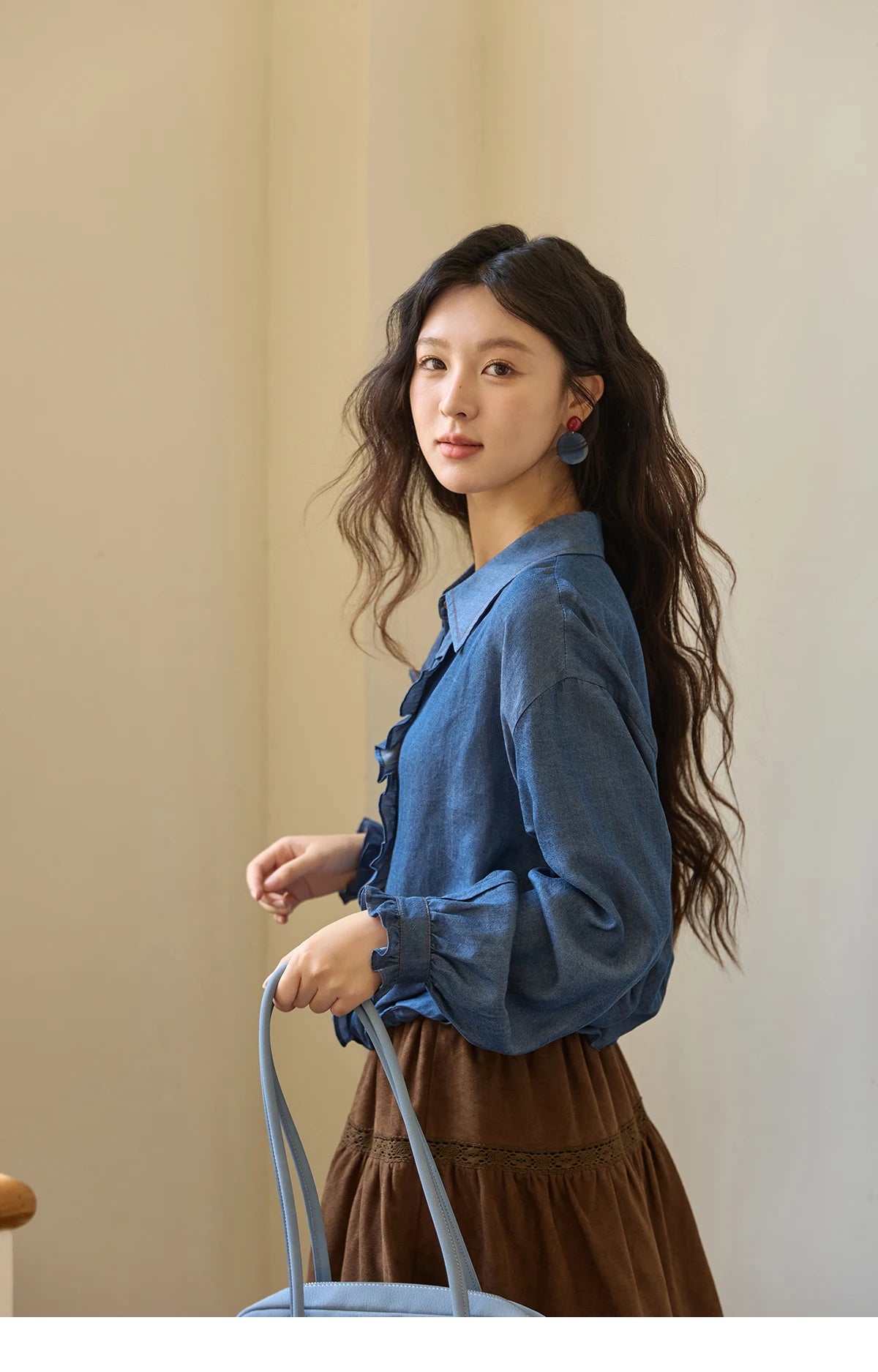 MISHOW Blue Lyocell Imitation Denim Shirt for Women Autumn 2025 Ruffled Placket Contrasting Button Waist Cinc Shirt MXE43C2386