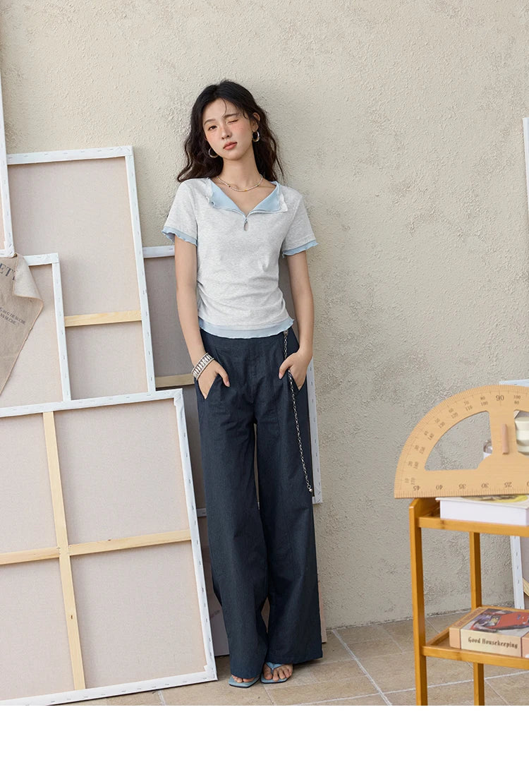 MISHOW Grey Blue Fake Two Piece Contrasting T-shirt for Women Summer 2025 Lapel Wavy Edge Slim Tees Cotton Blend Top MXE35T0567