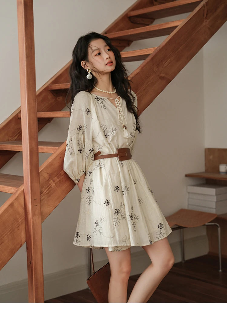 MISHOW Embroidered Doll Dress 2025 Seven Cent Lantern Sleeve Dress O-neck Tassel Lace-up Cotton Dress with Waist Belt MXE41L2480