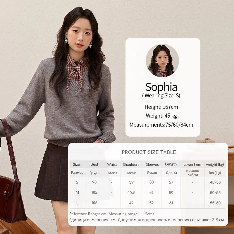 MISHOW Fake Two-piece Knitted Sweater for Women 2025 Winter Plaid Turn-down Collar Splicing Detachable Scarf Sweater MXE89Z2605