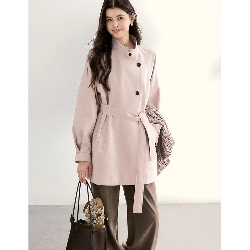 MISHOW Women's Dusty Pink Trench 2026 Spring Stand Collar Belted Coats Raglan Sleeve Casual Mid-Length Windbreaker MXF108W1002