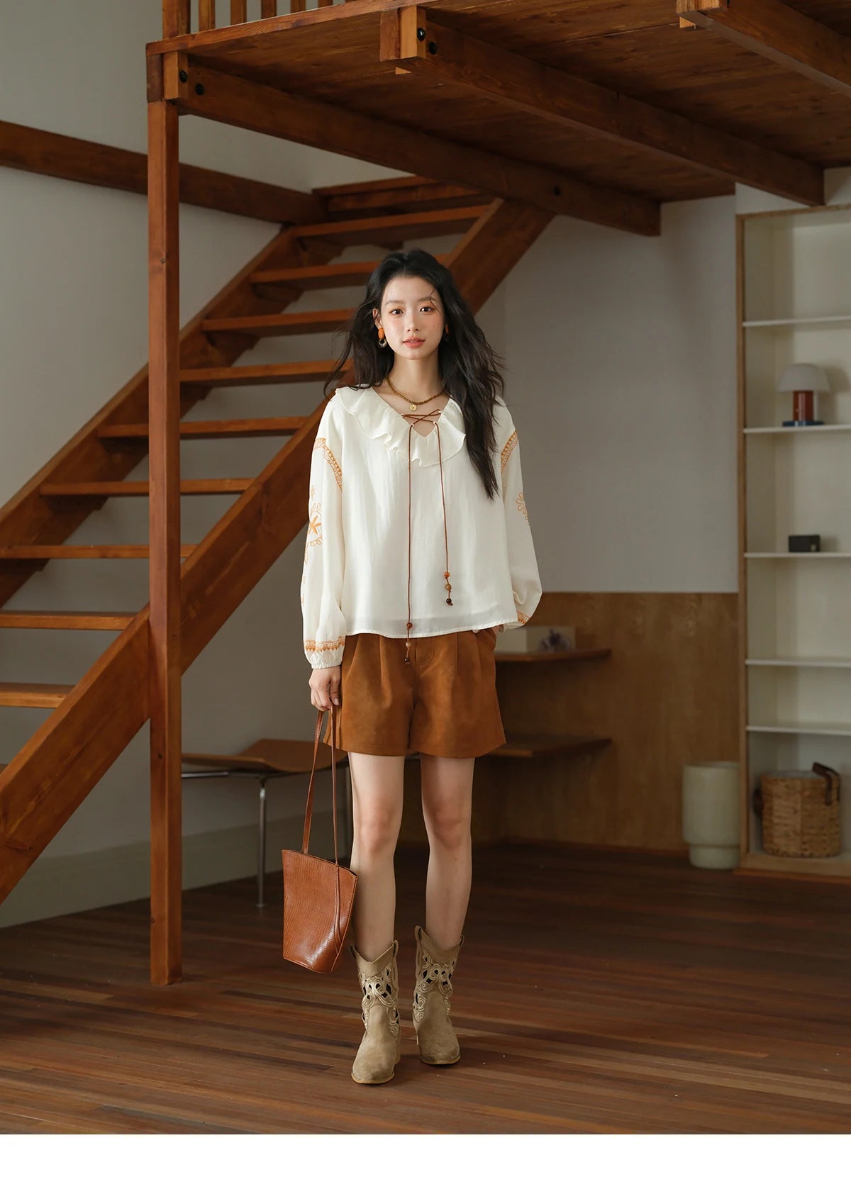 MISHOW Cashew Flower Embroidered Blouse Autumn 2025 Ruffle V-neck Lace Up Tops 100 Lyocell Lantern Sleeves Blouses MXE43X1987