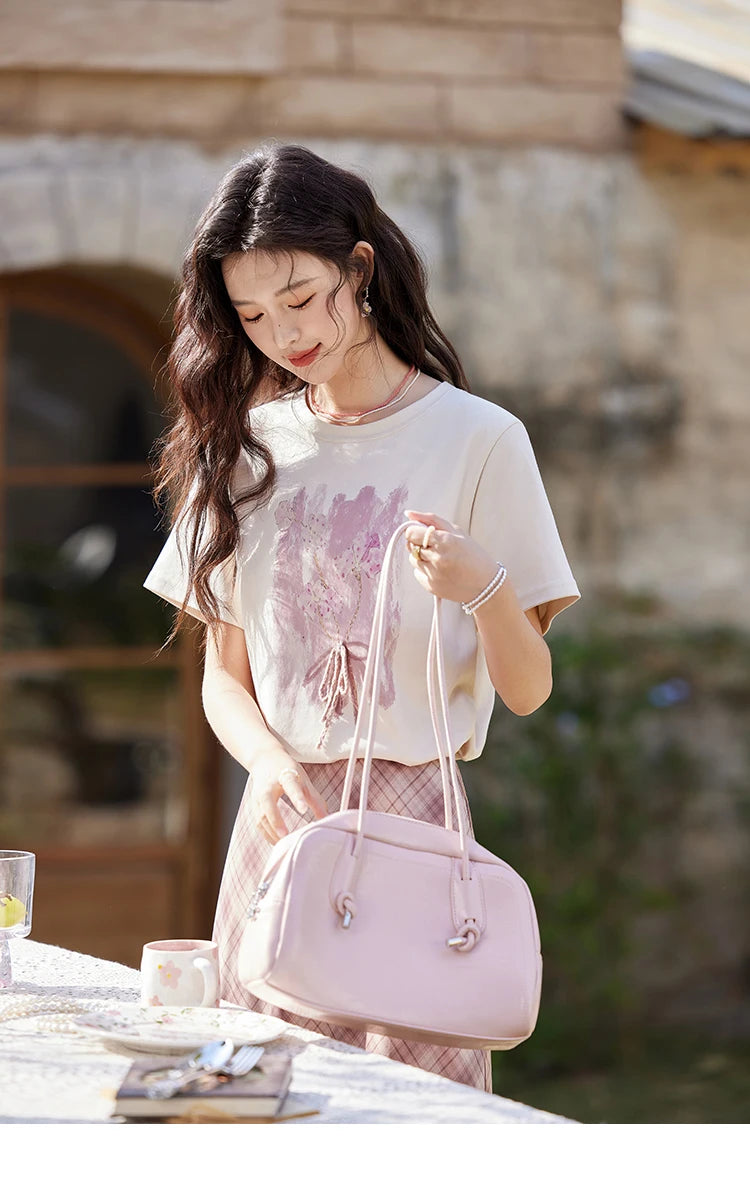 MISHOW Iris Cool Cotton T-shirt for Women Spring 2025 Spray Printing Slim Tees Round Neck Breathable Versatile Top MXE13T0453