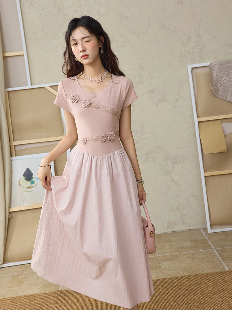MISHOW Woven Patchwork Knitted Dress Female Summer 2025 French Waist Slim Long Dress Pink Round Neck Elegnat Dresses MXE36L2247