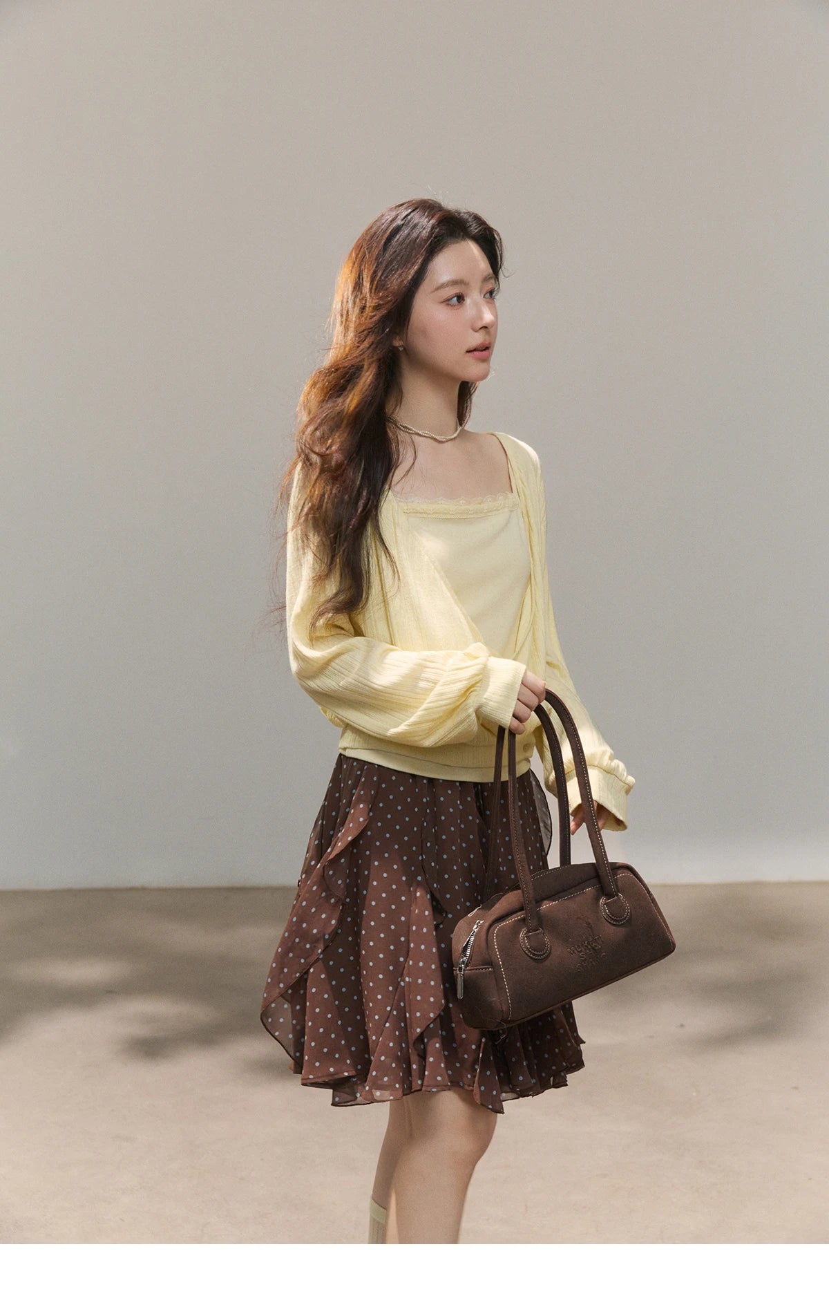 MISHOW Women's Lemon Yellow Two-Piece Set Spring Knitted Lantern Sleeve Pullover Tops Strap Lace Edge Camisole Set MXF13T1513