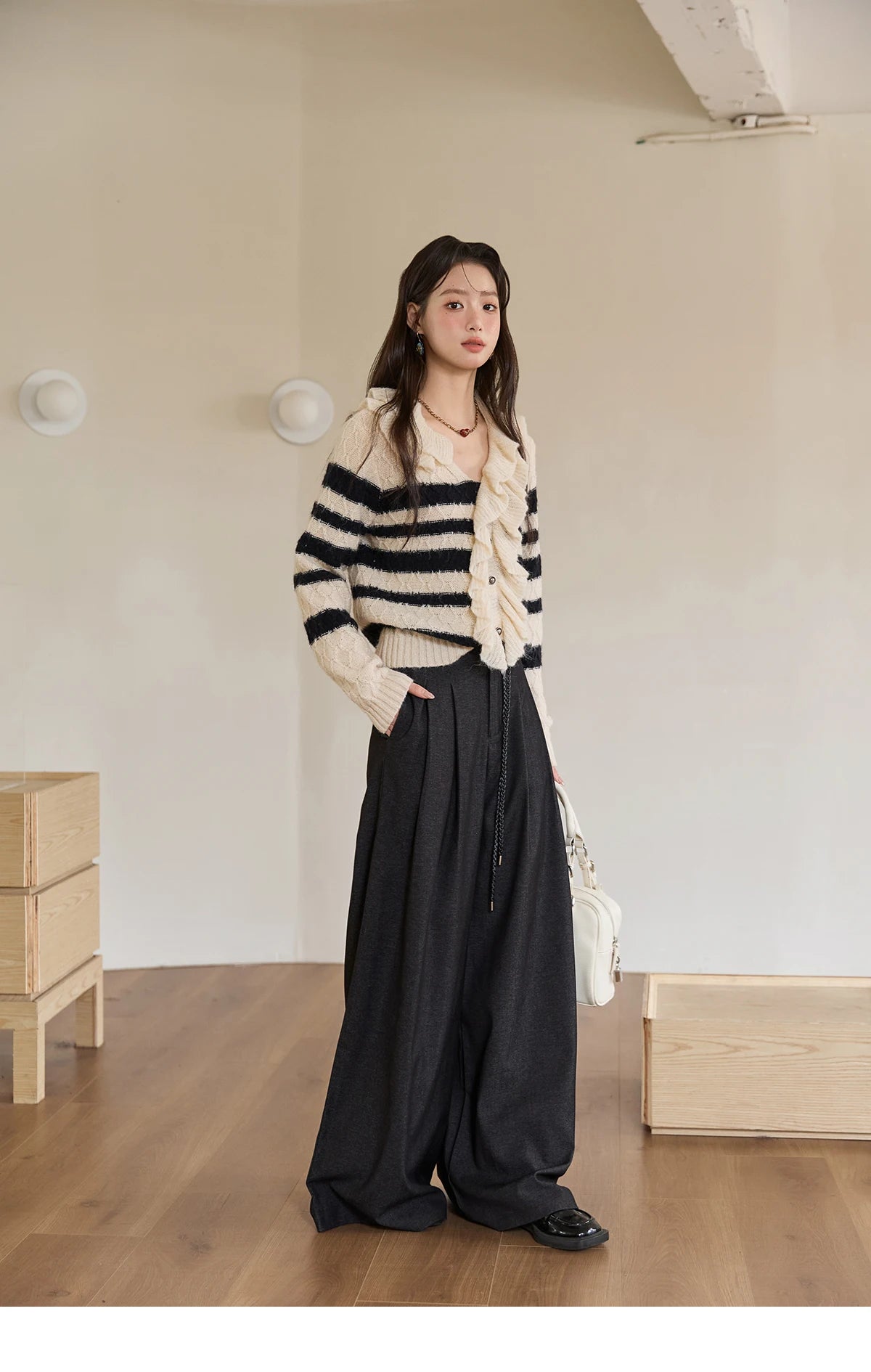 MISHOW Striped Sweater for Women 2025 Autumn New Asymmetrical Ruffled Diamond Shape Knitted Retro Women's Cardigan MXE51Z2633