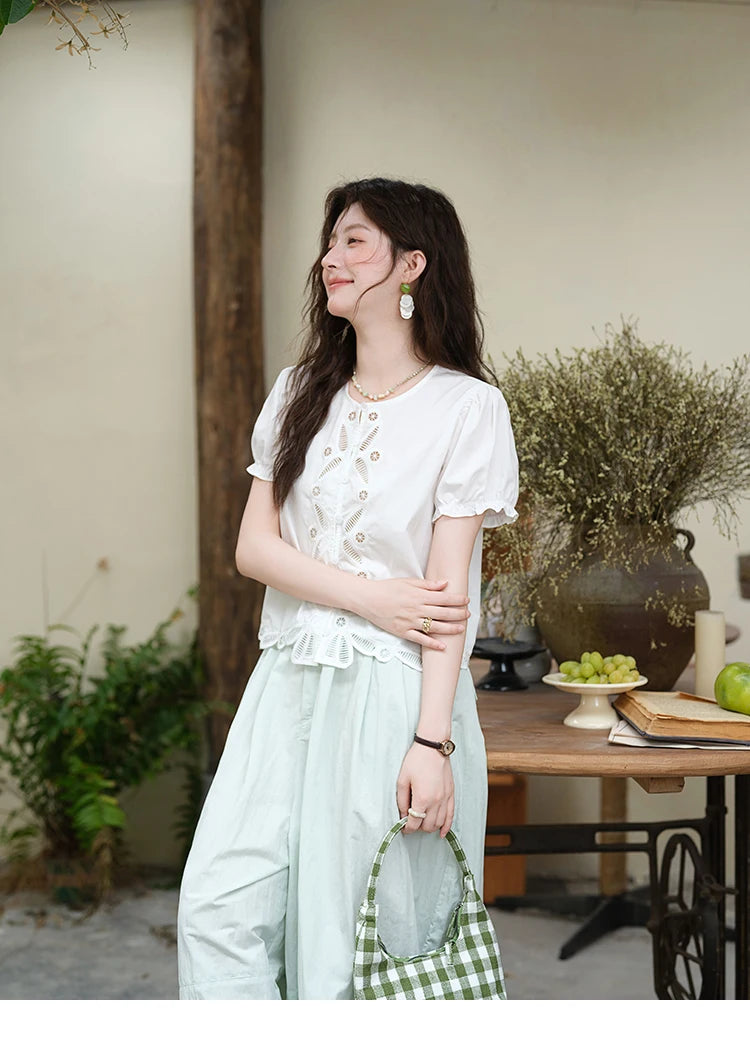 MISHOW 100%Cotton Hollow Embroidery Round Neck Shirt for Women 2025 Summer Puff Sleeve Casual Top Women's Clothing MXE39X1938