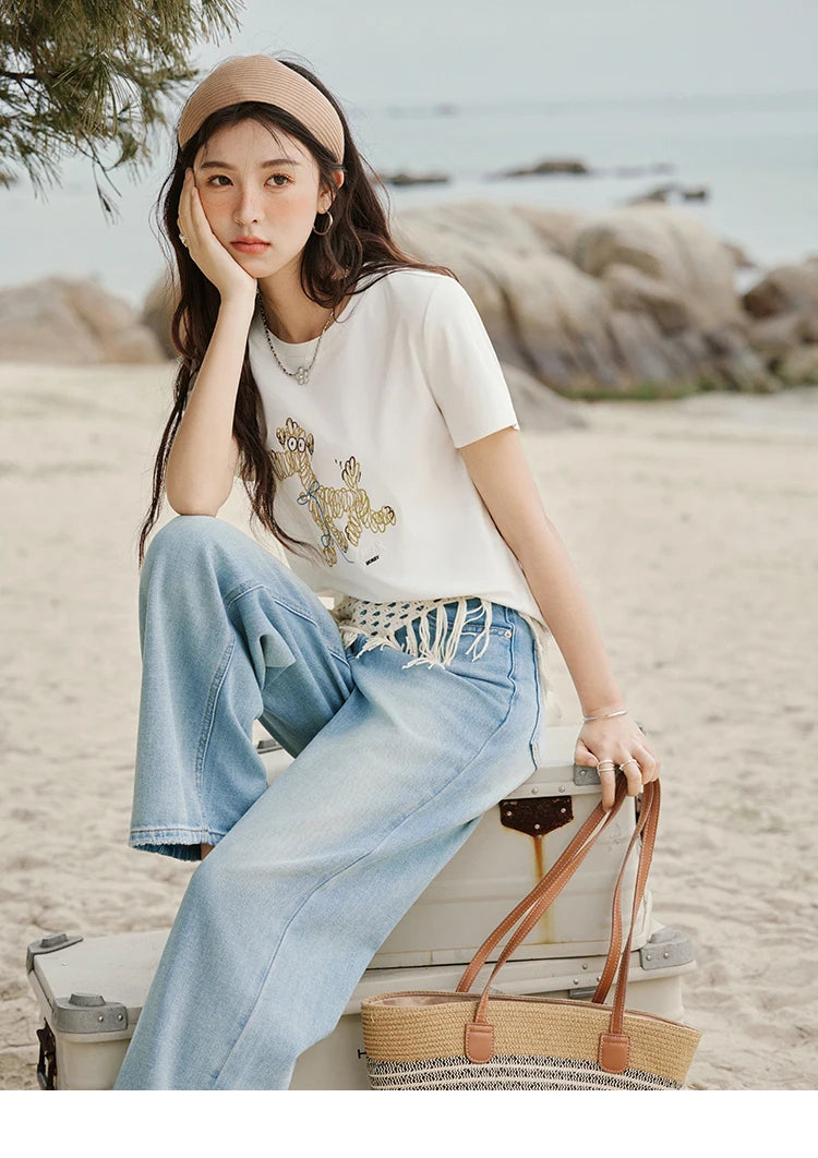 MISHOW Print Women‘s Summer T-shirts 2025 Short Sleeve Round Neck Loose Design Shirt Female Slim Embroidery Tops Lady MXE31T0550