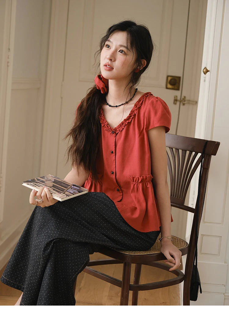 MISHOW Women's Summer Clothes 2025 Fashion Mushroom Edge V-neck Blouse Office Lady Casual Short Sleeve Button Top MXE38X1867