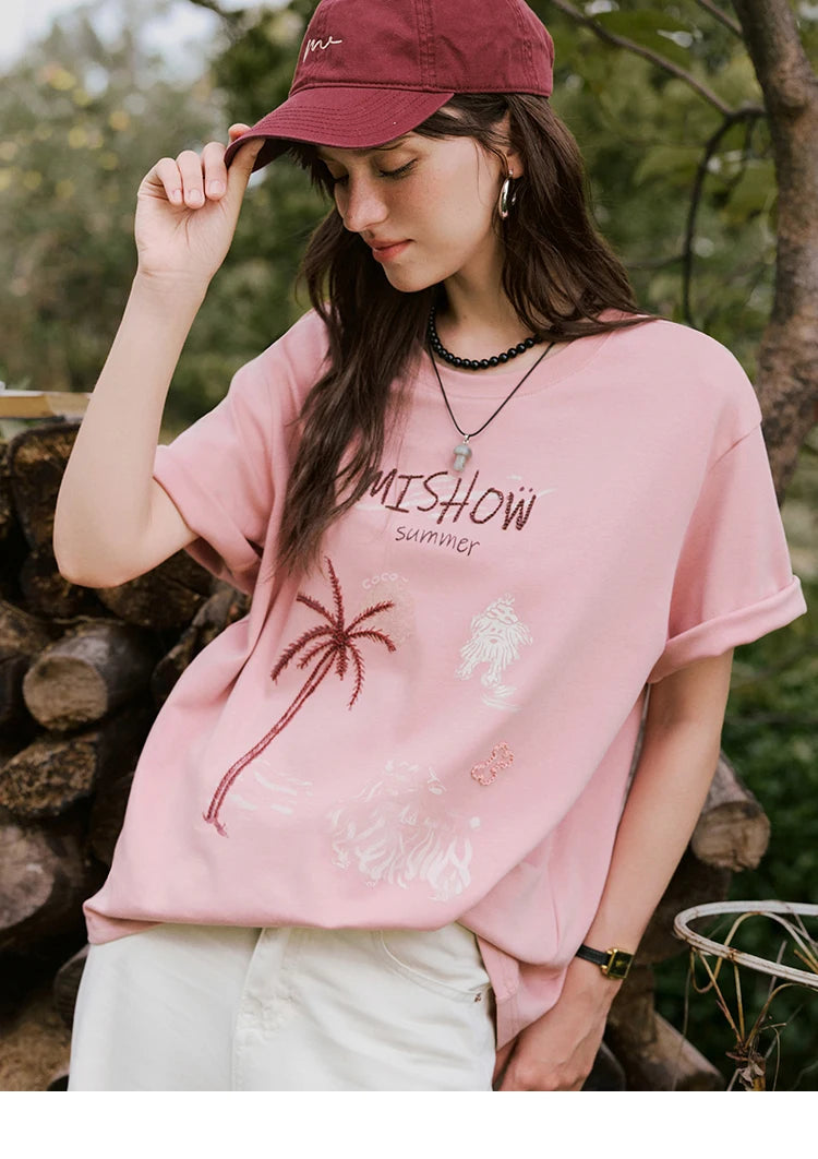 MISHOW Casual Print T-shirts Women 2025 Summer New Short Sleeve Round Neck Coconut Tree Pattern Shirt Woman Holiday MXE31T0516