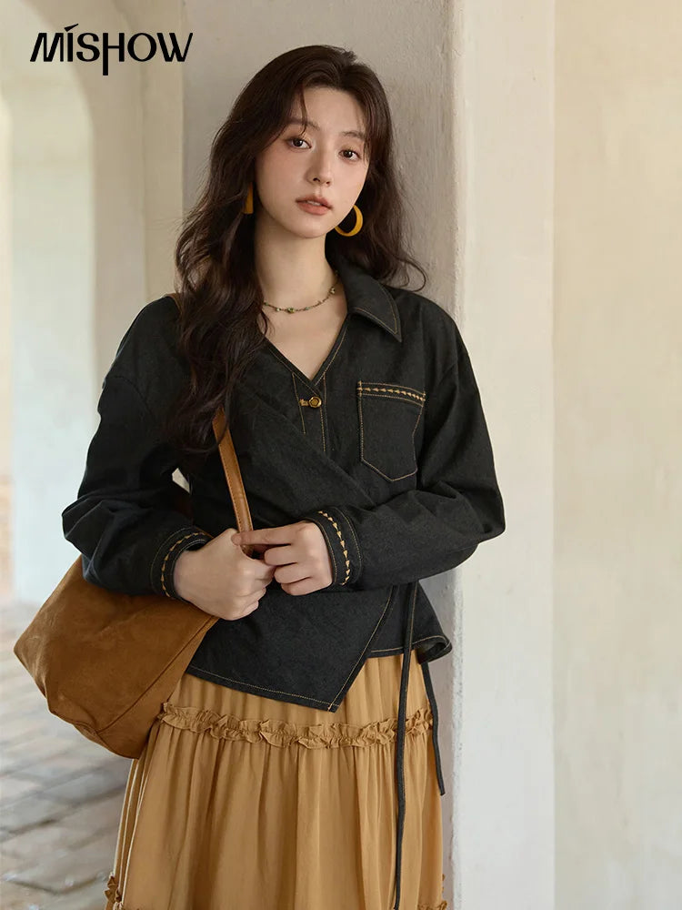 MISHOW Black Imitation Denim Shirt Side Lace-Up Lapel V-Neck MXE42C2374
