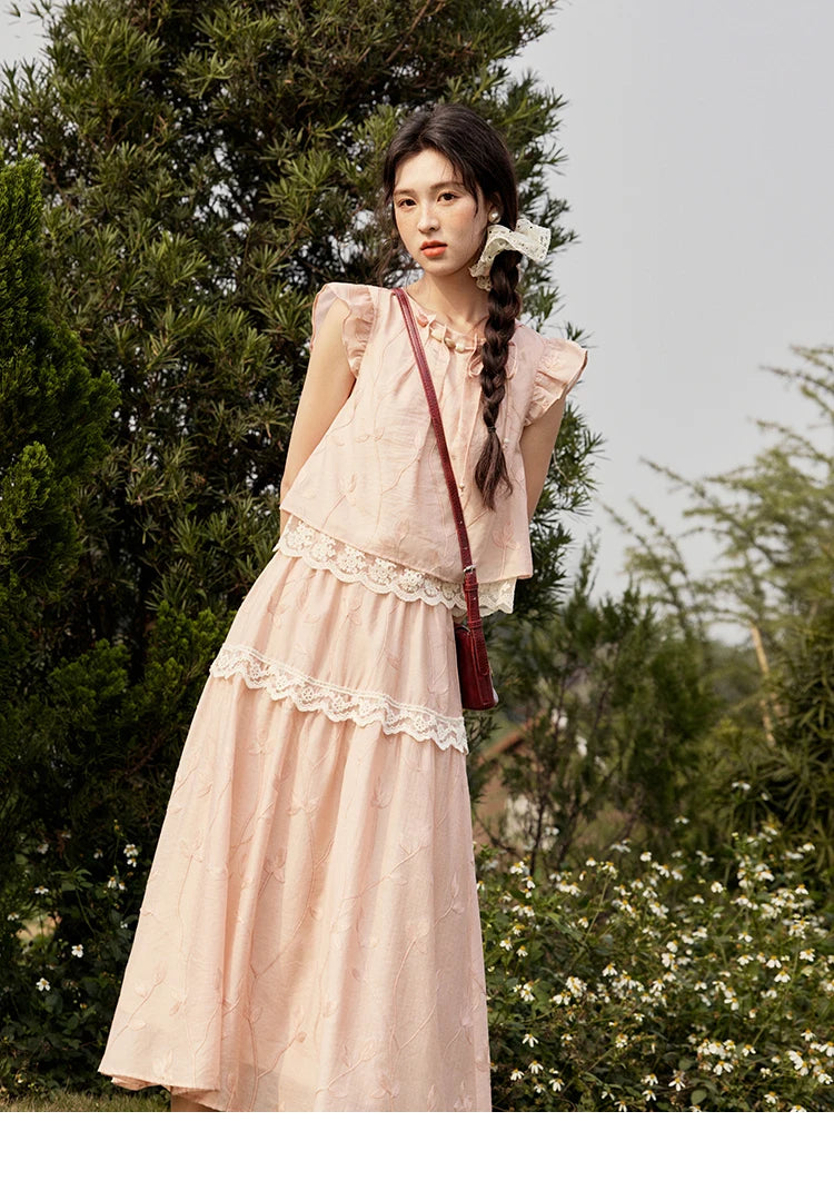 MISHOW Sweet Summer Skirt Sets Women New 2025 Short Flying Sleeve Round Neck Tops Hollow Embroidery A-line Skirt Lady MXE33T0545