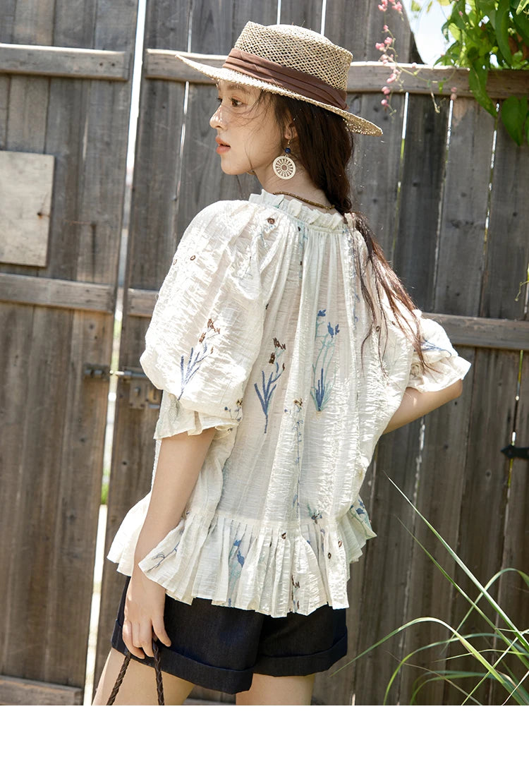 MISHOW Women's V-neck Lace Up Blouse 2025 Summer New Fashion Embroidery Mushroom Edge Commute Top Women's Blouse MXE39X1959