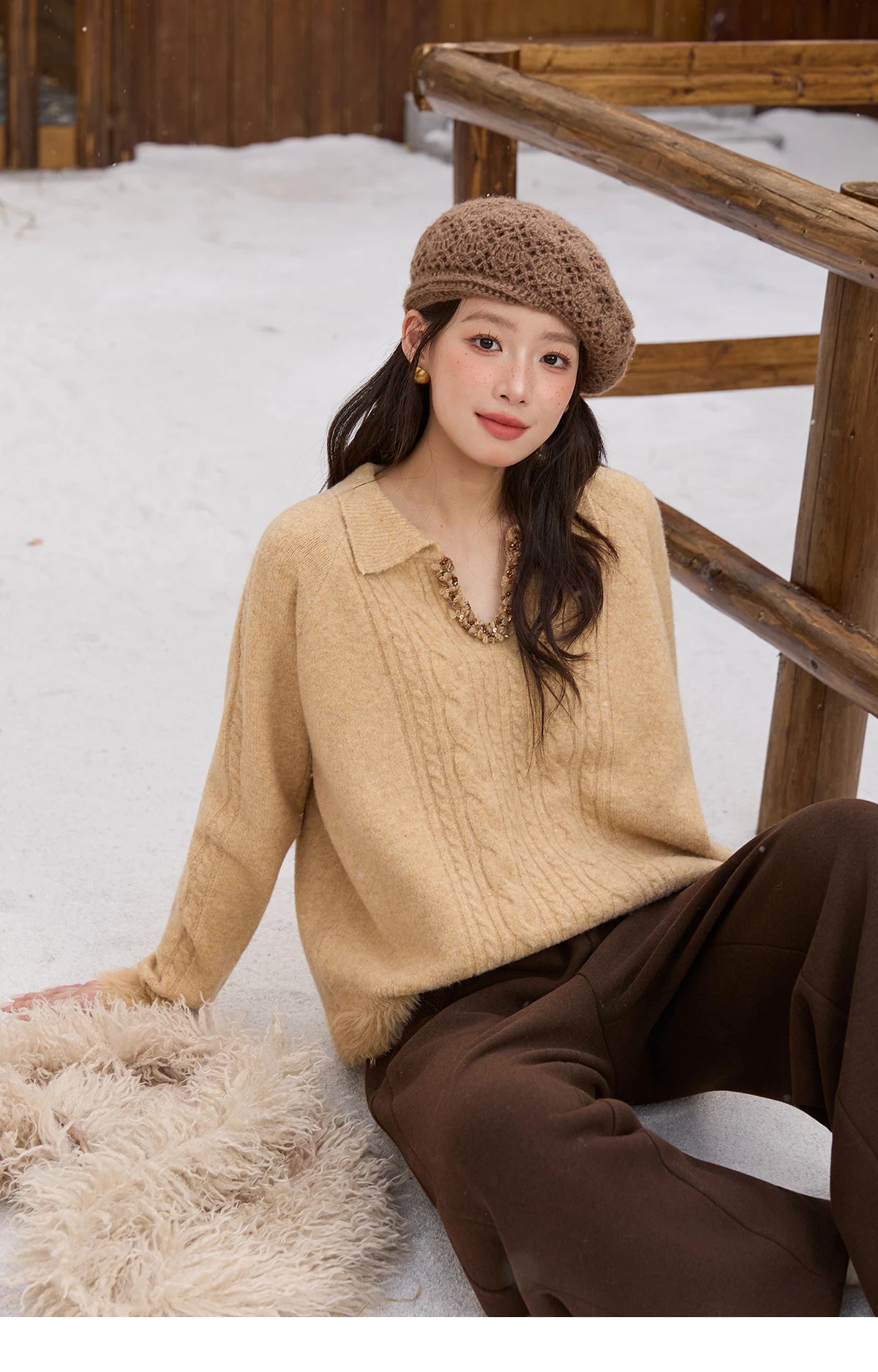 MISHOW Yellow Knitted Sweater for Women 2025 Winter New Long Sleeves Cable Plush Hem Stitching Casual Sweater Luxury MXE88Z2674