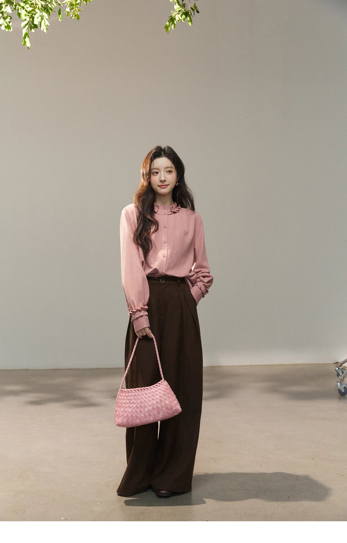 MISHOW Women's Peach Skin Solid Shirt 2026 Spring Ruffled Crew Neck Single-breasted Tops Casual Long Sleeve Shirts MXF11C2431