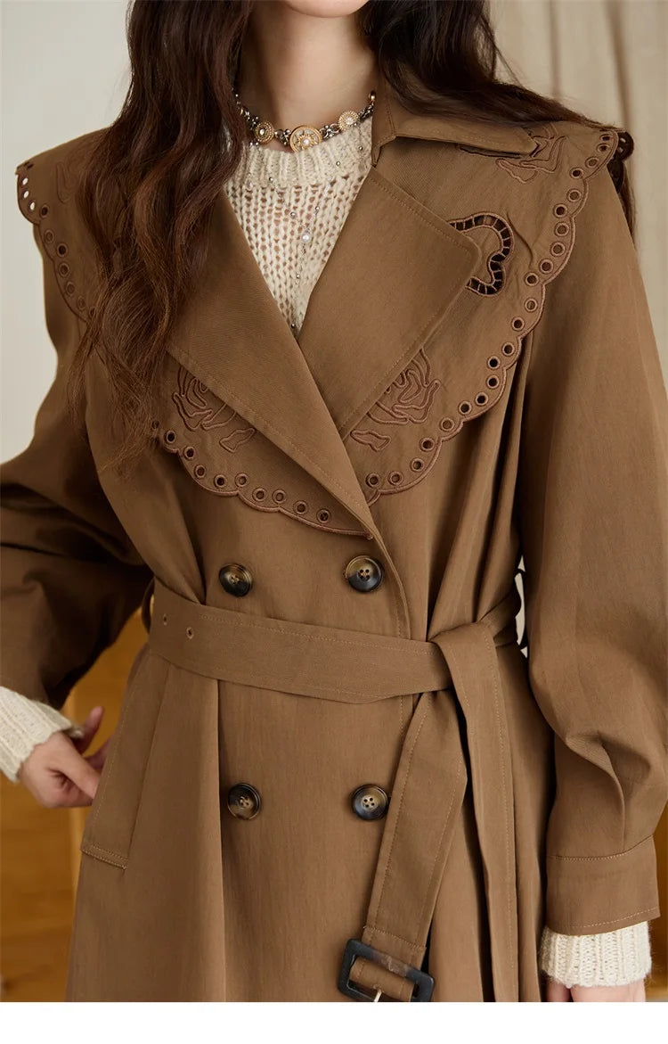 MISHOW Women's Trench Coat 2025 Autumn Hollow Embroidery Mid-length Windbreaker Double-breasted Belt Retro Jacket MXE46W0862
