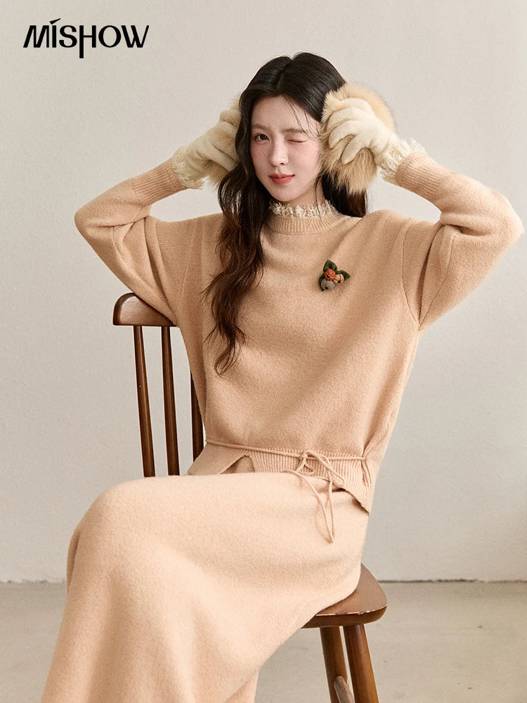 MISHOW Lace Trim Knitted Sweater Midi Skirt Set 2025 Winter Non Removable Brooch Decor Sweater Back Split Skirt Sets MXE92T1450
