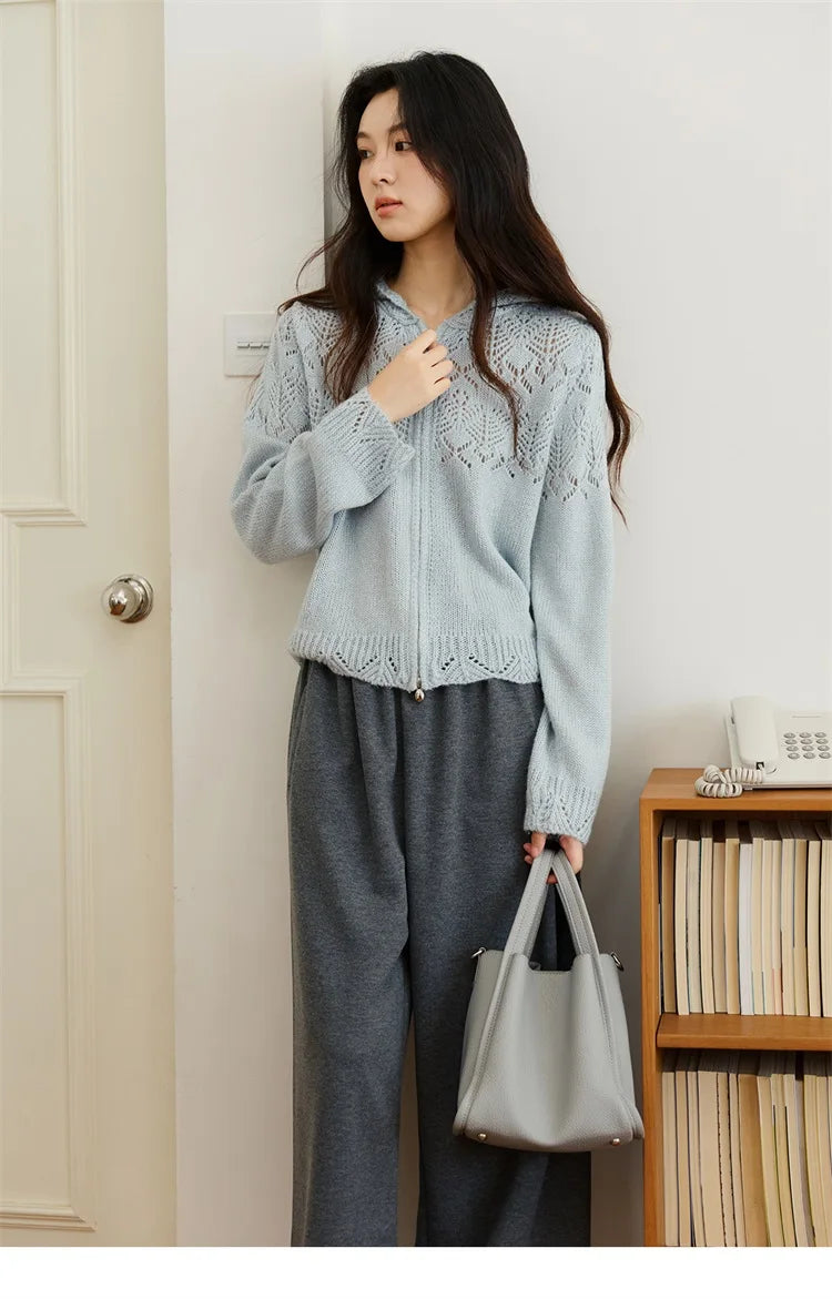 MISHOW Yellow Hollow Out Cardigan Women 2025 Autumn Winter New Hooded Zipper Sweater Loose Casual Bottoming Tops MXE46Z2584