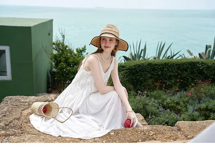 MISHOW French Retro Pleated Upper Suspender Dress for Women 2024 Summer Vacation Sleeveless Solid Mid Length Dresses MXD26L1939