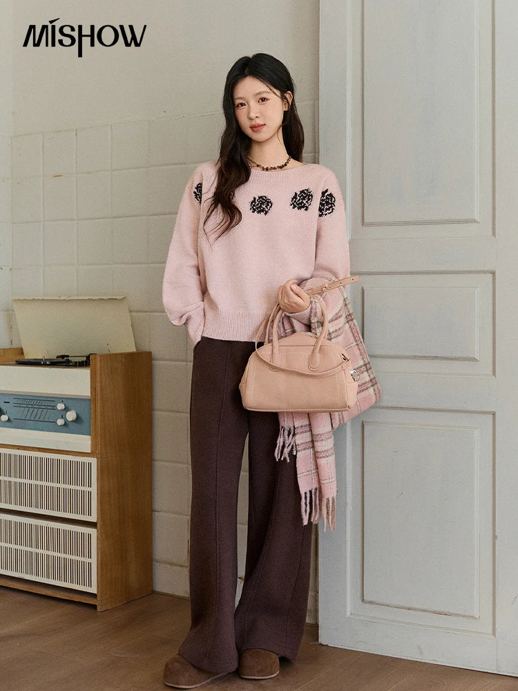MISHOW Pink Jacquard Sweater for Women Fall Winter 2025 Lantern Sleeve Tops Shoulder Drop Thickened Knitted Sweater MXE91Z2775