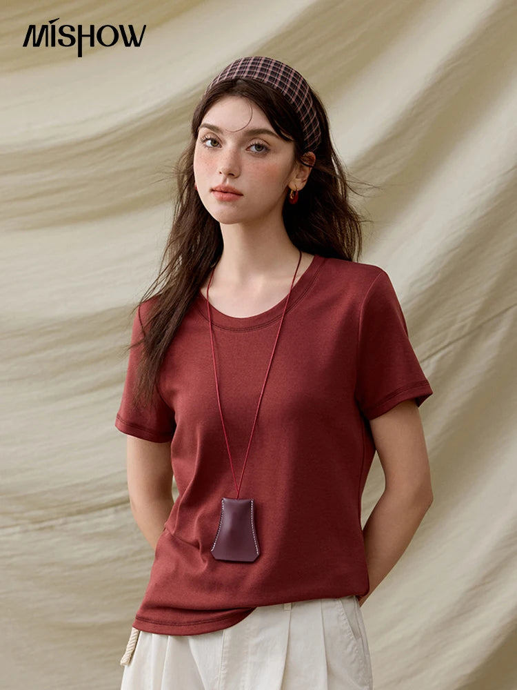 MISHOW Casual Summer T-shirts Women Short Sleeve Round Neck Solid Straight Shoulder Shirt Female Fashion Slimming New MXE31T0532