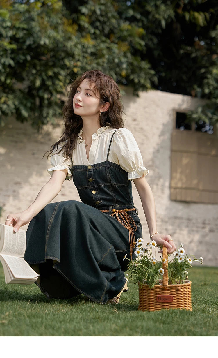 MISHOW Suspender Denim Dress Paired Blouse Separately 2024 Summer V Neck Puff Sleeve Top Back Elastic Waist Dress MXD21L1664